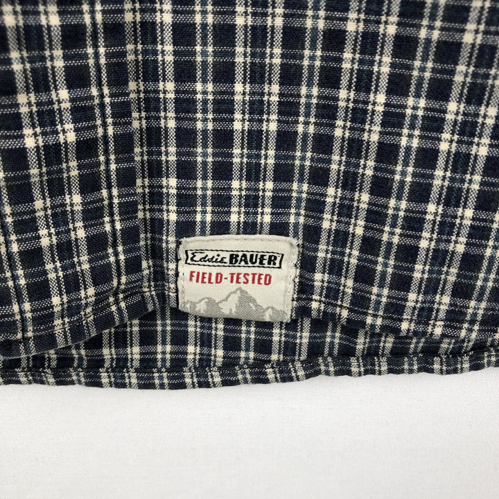 Eddie Bauer short sleeve button down check shirt, men's size L cotton navy blue type Vintage Second Hand