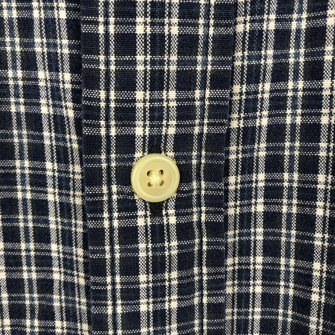 Eddie Bauer short sleeve button down check shirt, men's size L cotton navy blue type Vintage Second Hand