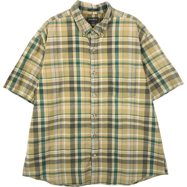 Eddie Bauer short sleeve button down check shirt, men's XL size cotton green type yellow green Vintage Second Hand