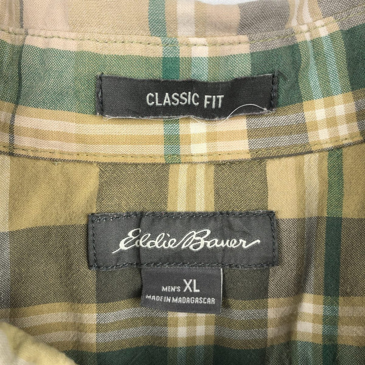 Eddie Bauer short sleeve button down check shirt, men's XL size cotton green type yellow green Vintage Second Hand