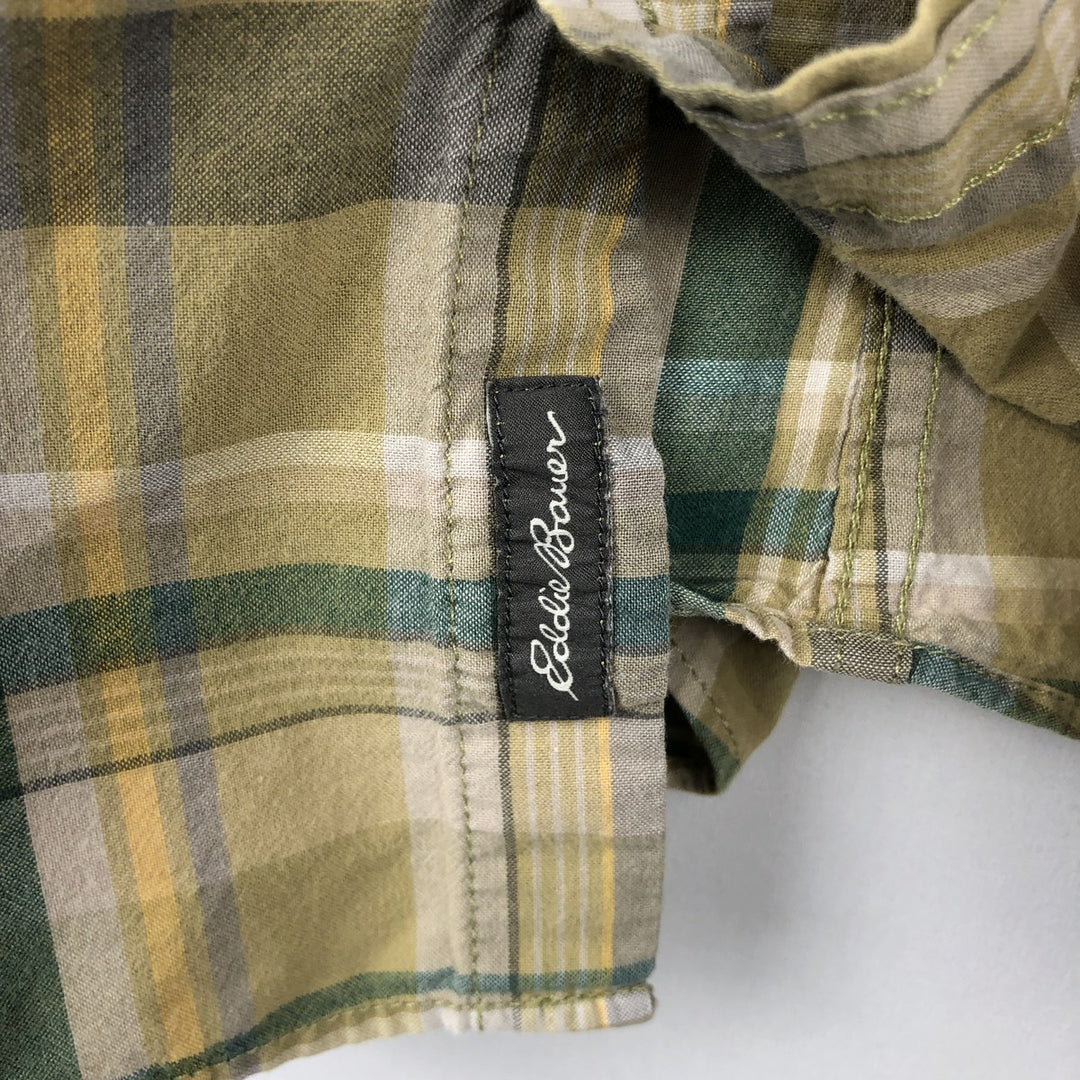 Eddie Bauer short sleeve button down check shirt, men's XL size cotton green type yellow green Vintage Second Hand