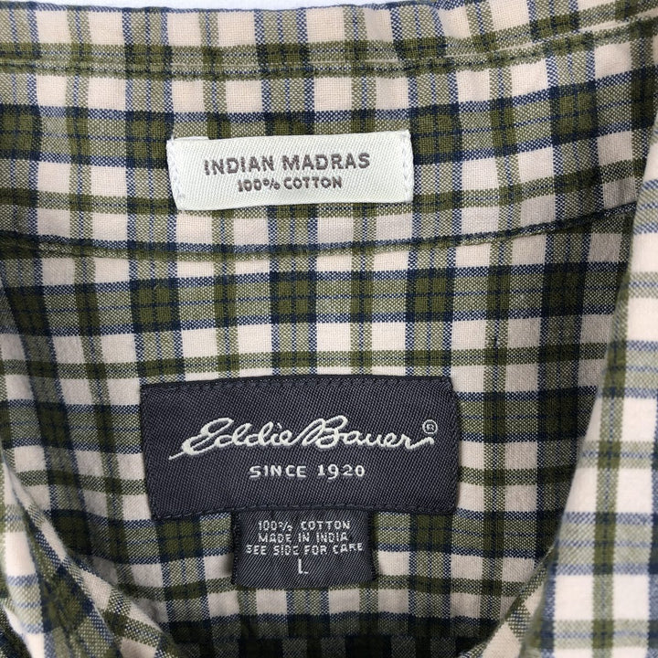 Eddie Bauer INDIAN MADRAS Short-Sleeve Button-Down Check Shirt, Men's Size L (approx.) cotton green type yellow green Vintage Second Hand