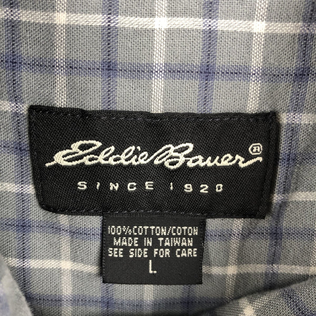Eddie Bauer short sleeve button down check shirt, men's size L cotton gray type Vintage Second Hand