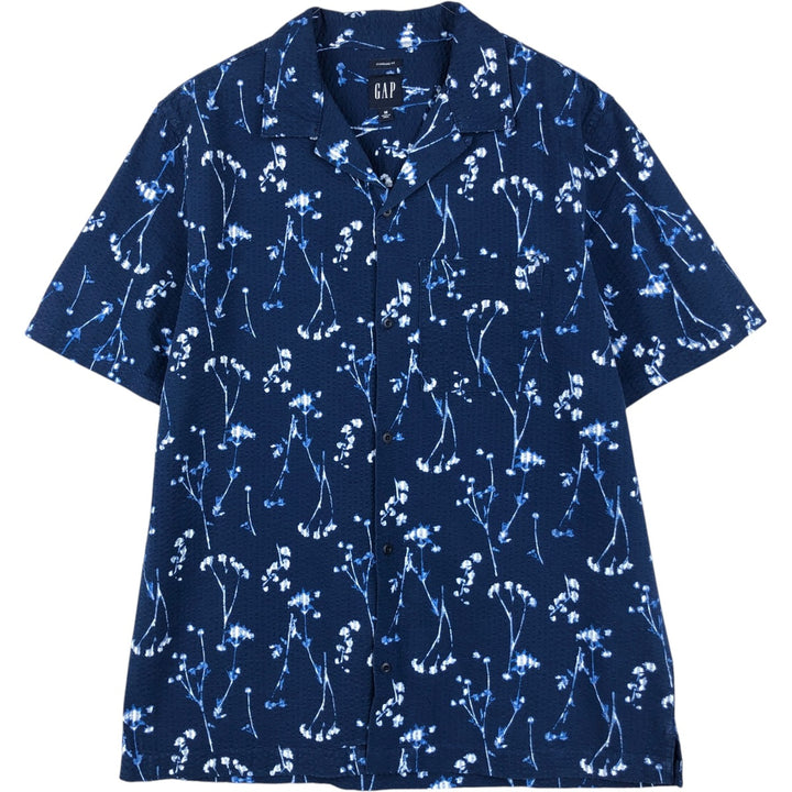 2000'S GAP STANDARD FIT Floral Seersucker Short-Sleeve Open-Collar Cotton Shirt, Boxy Fit, Men's Size M (approx.) cotton navy blue type Vintage Second Hand