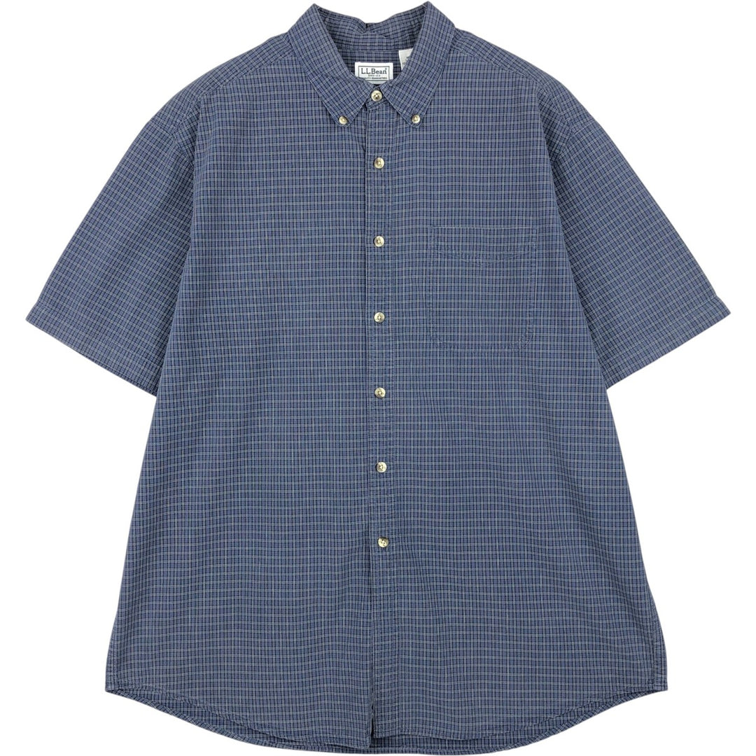 LLBean short-sleeved button-down check shirt, men's size L equivalent, vintage. cotton navy blue type Vintage Second Hand