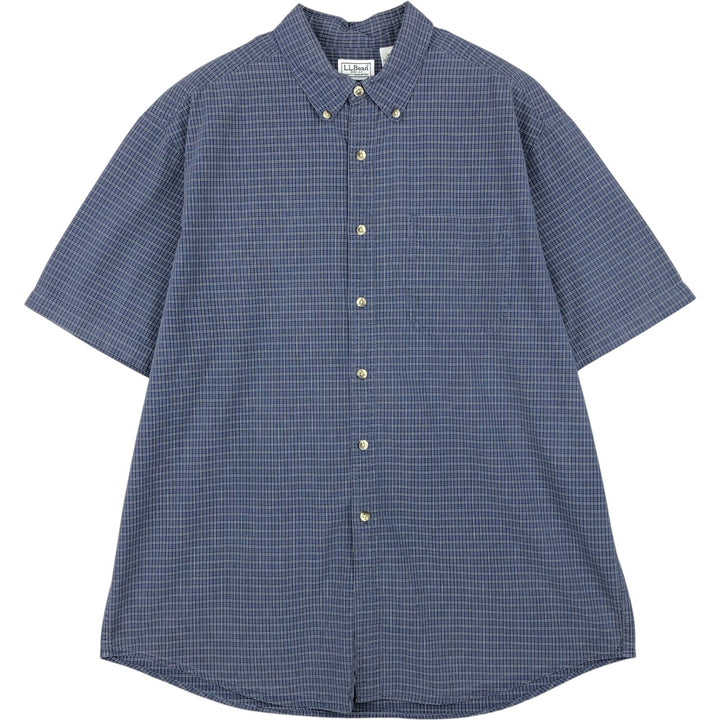 LLBean short-sleeved button-down check shirt, men's size L equivalent, vintage. cotton navy blue type Vintage Second Hand