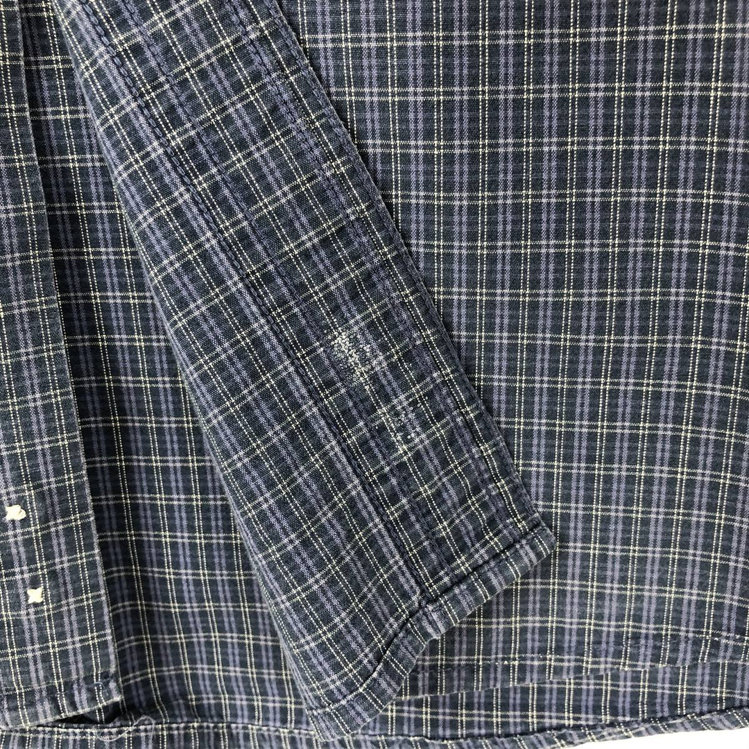 LLBean short-sleeved button-down check shirt, men's size L equivalent, vintage. cotton navy blue type Vintage Second Hand