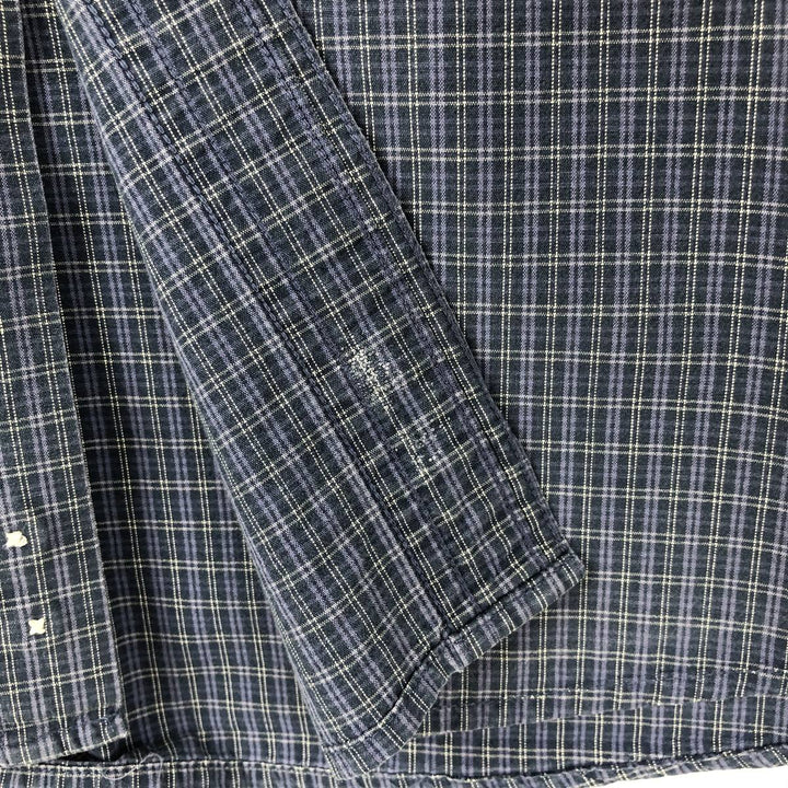 LLBean short-sleeved button-down check shirt, men's size L equivalent, vintage. cotton navy blue type Vintage Second Hand