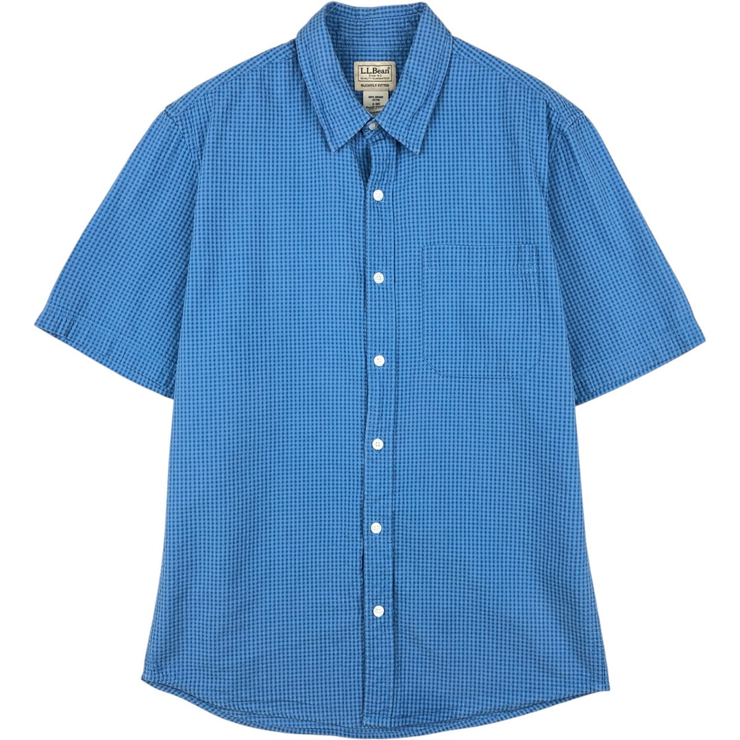 90s-00'S L.L.Bean Gingham Check Seersucker Short-Sleeve Cotton Check Shirt, Men's Size S (Equivalent), Vintage Organic cotton blue type Vintage Second Hand