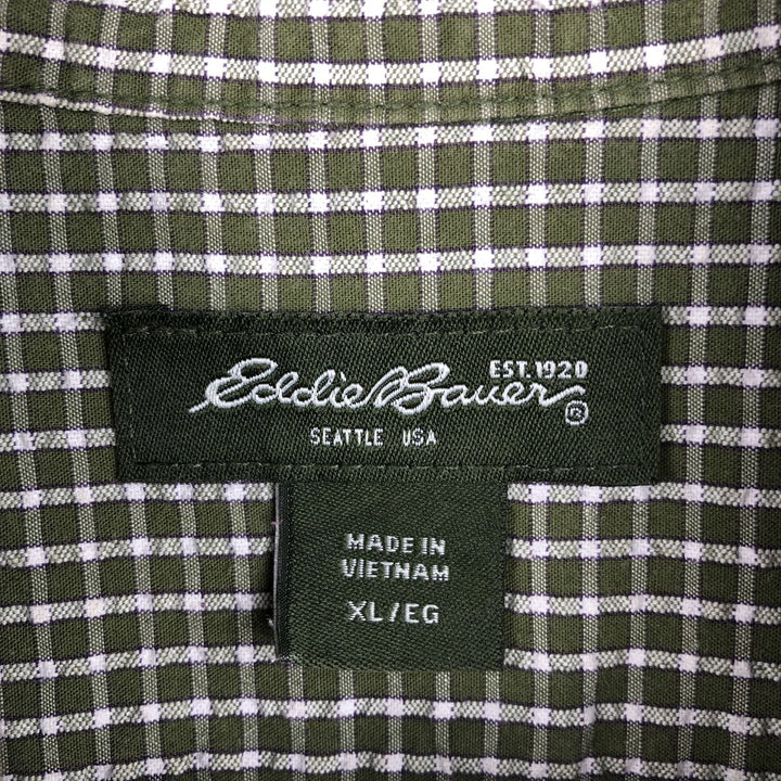 Eddie Bauer seersucker short-sleeved button-down check shirt, men's size XL. cotton Khaki type Vintage Second Hand