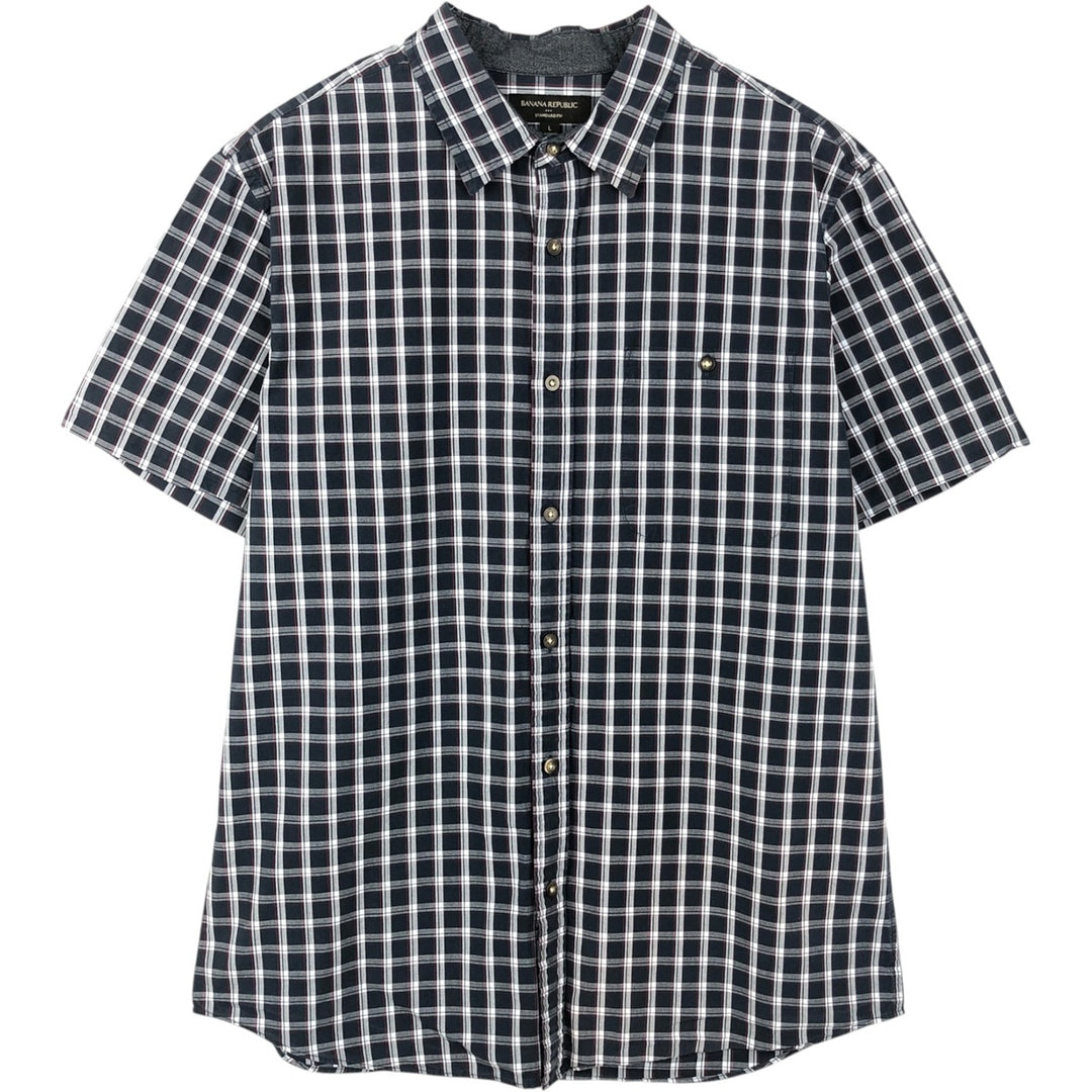 Banana Republic Standard Fit Short-Sleeve Cotton Check Shirt, Men's Size L (approx.) cotton navy blue type Vintage Second Hand