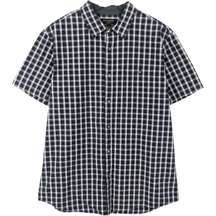 Banana Republic Standard Fit Short-Sleeve Cotton Check Shirt, Men's Size L (approx.) cotton navy blue type Vintage Second Hand