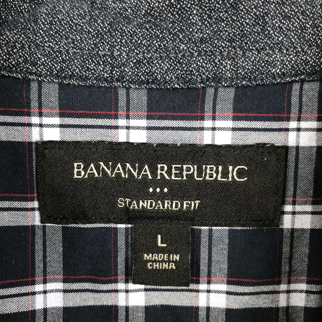 Banana Republic Standard Fit Short-Sleeve Cotton Check Shirt, Men's Size L (approx.) cotton navy blue type Vintage Second Hand