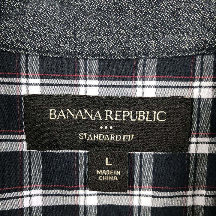 Banana Republic Standard Fit Short-Sleeve Cotton Check Shirt, Men's Size L (approx.) cotton navy blue type Vintage Second Hand
