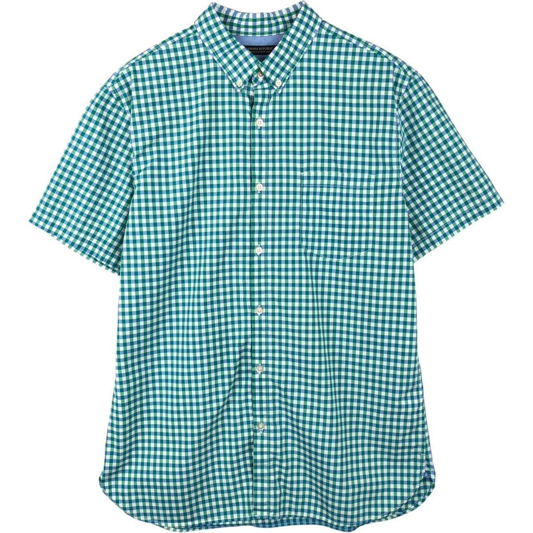 Banana Republic GRANT FIT Gingham Check Short-Sleeve Button-Down Check Shirt (Men's Size L) cotton green type Vintage Second Hand