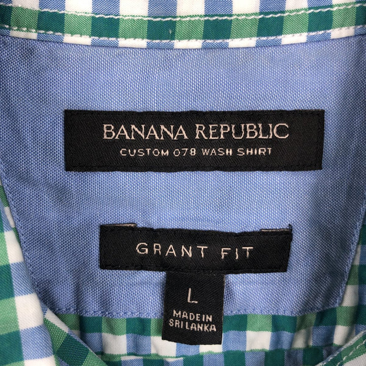 Banana Republic GRANT FIT Gingham Check Short-Sleeve Button-Down Check Shirt (Men's Size L) cotton green type Vintage Second Hand
