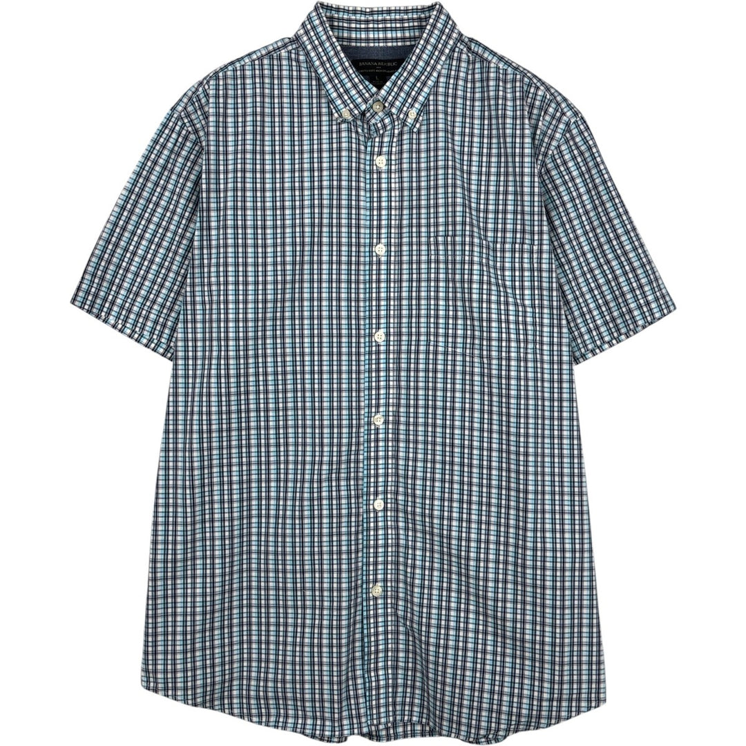 Banana Republic Short-Sleeve Button-Down Check Shirt, Men's Size L (approx.) cotton Blue type light blue Vintage Second Hand