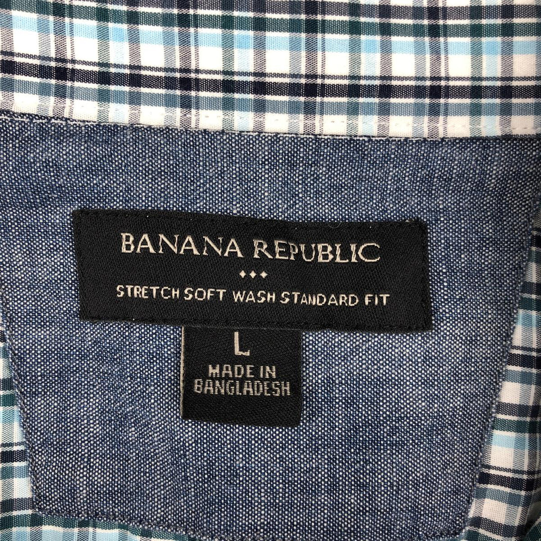 Banana Republic Short-Sleeve Button-Down Check Shirt, Men's Size L (approx.) cotton Blue type light blue Vintage Second Hand