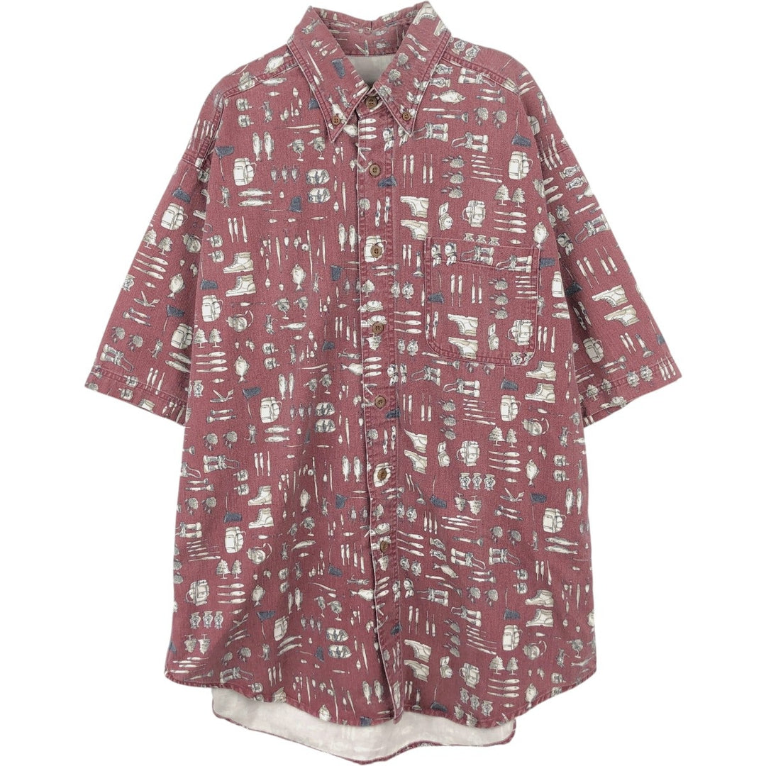 WOOLRICH All-Over Print Short Sleeve Button-Down Shirt, Men's Size L cotton bordeaux Vintage Second Hand