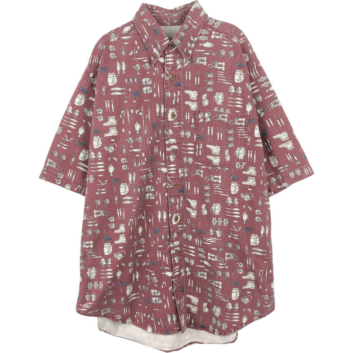 WOOLRICH All-Over Print Short Sleeve Button-Down Shirt, Men's Size L cotton bordeaux Vintage Second Hand