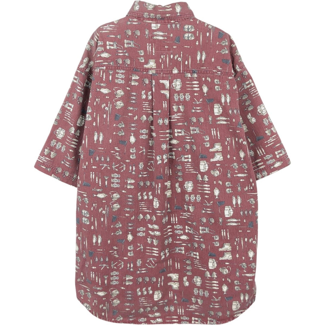 WOOLRICH All-Over Print Short Sleeve Button-Down Shirt, Men's Size L cotton bordeaux Vintage Second Hand