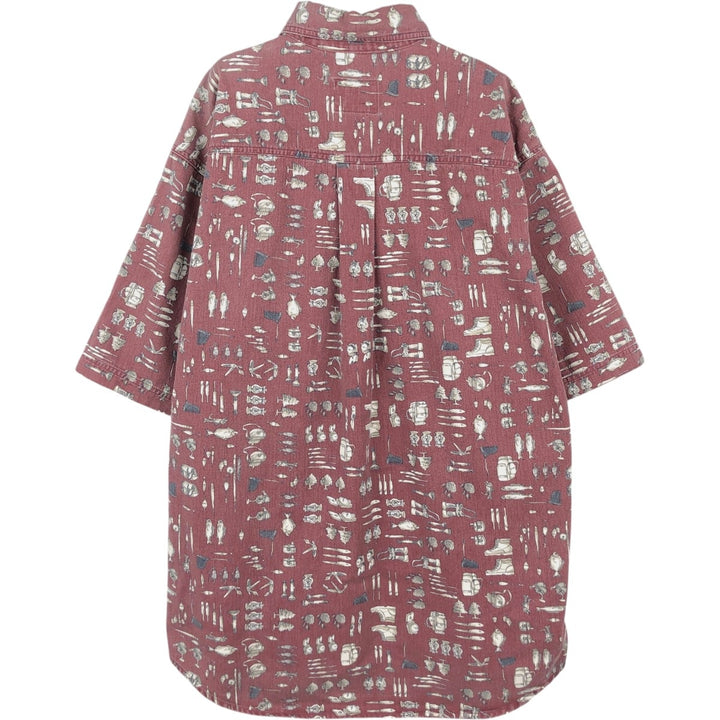 WOOLRICH All-Over Print Short Sleeve Button-Down Shirt, Men's Size L cotton bordeaux Vintage Second Hand
