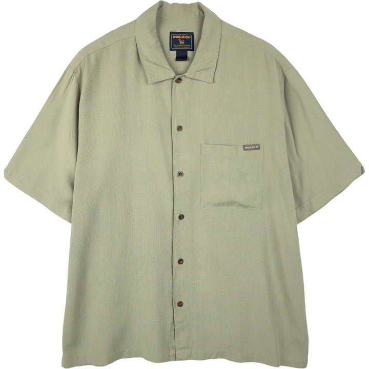 Woolrich WOOLRICH all-over print wide collar short-sleeved polyester shirt, boxy fit, men's size L (approx.) Polynosic Khaki type sage green Vintage Second Hand