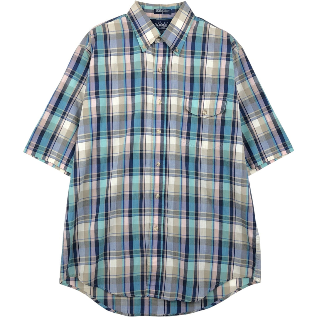 Woolrich Madras Check Short-Sleeve Button-Down Check Shirt, Men's Size L (approx.) cotton Blue type light blue Vintage Second Hand
