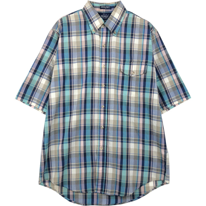 Woolrich Madras Check Short-Sleeve Button-Down Check Shirt, Men's Size L (approx.) cotton Blue type light blue Vintage Second Hand