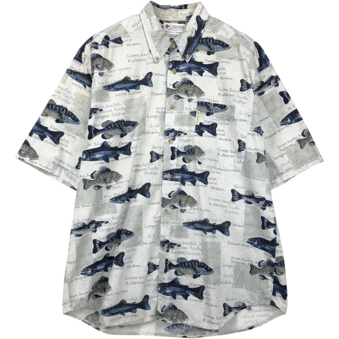 90s-00'S Columbia all-over fish print short-sleeved cotton shirt, men's size L equivalent, vintage. cotton Khaki type sage green Vintage Second Hand