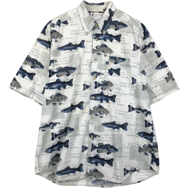 90s-00'S Columbia all-over fish print short-sleeved cotton shirt, men's size L equivalent, vintage. cotton Khaki type sage green Vintage Second Hand