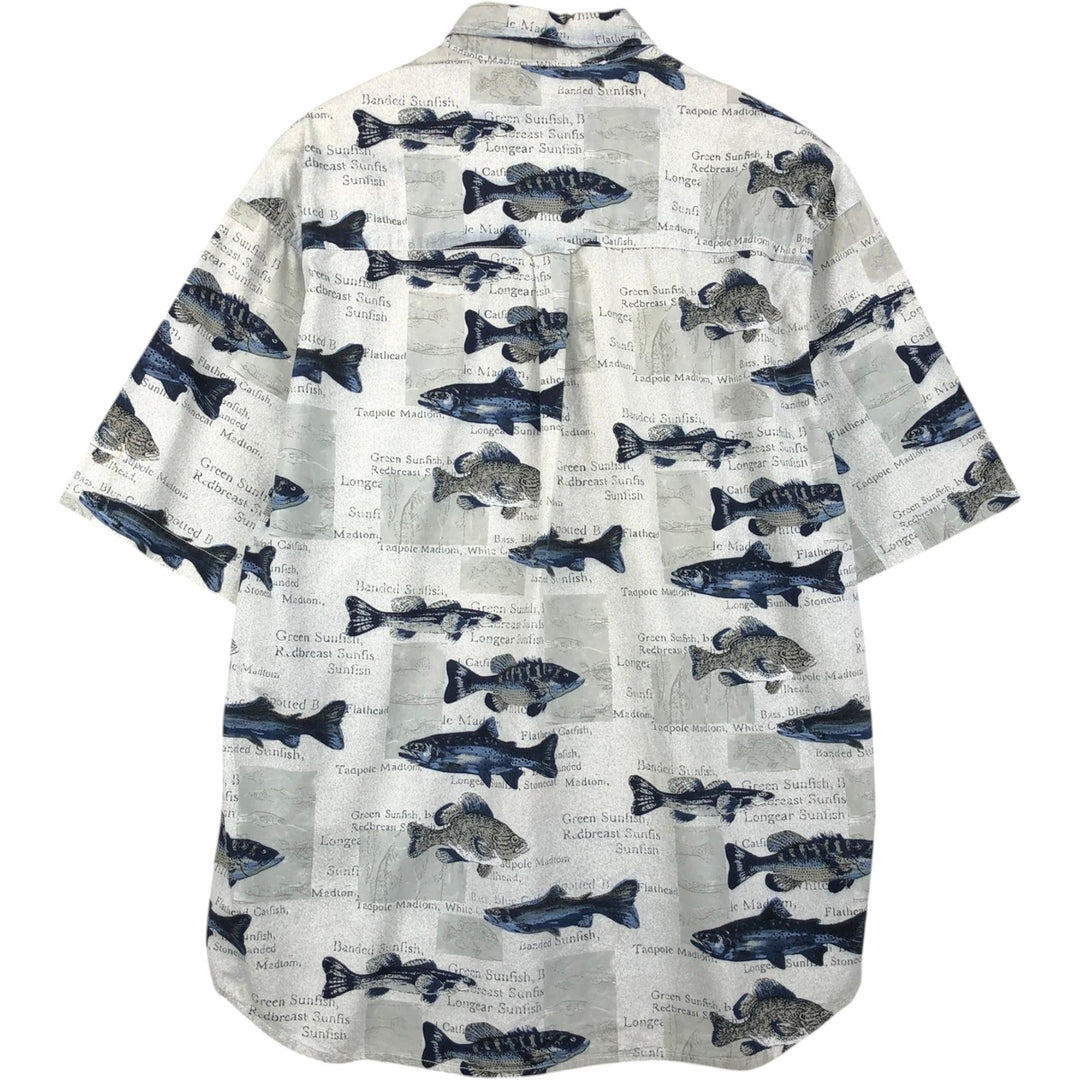 90s-00'S Columbia all-over fish print short-sleeved cotton shirt, men's size L equivalent, vintage. cotton Khaki type sage green Vintage Second Hand