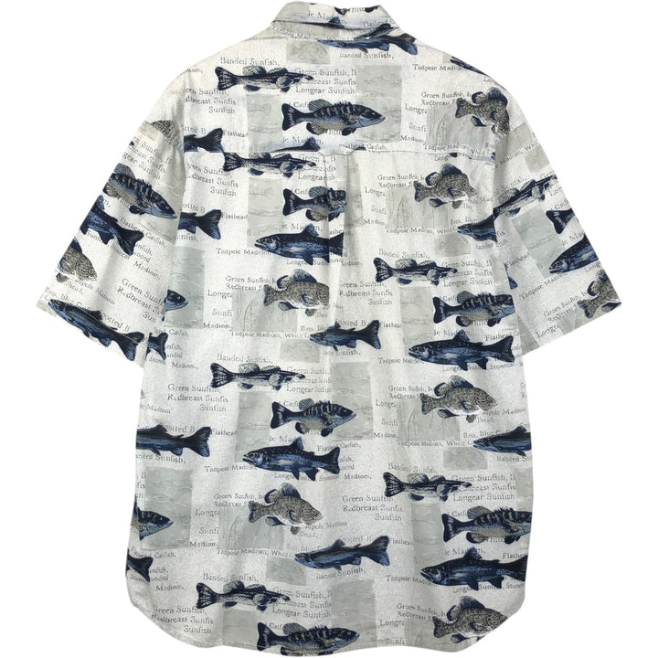 90s-00'S Columbia all-over fish print short-sleeved cotton shirt, men's size L equivalent, vintage. cotton Khaki type sage green Vintage Second Hand
