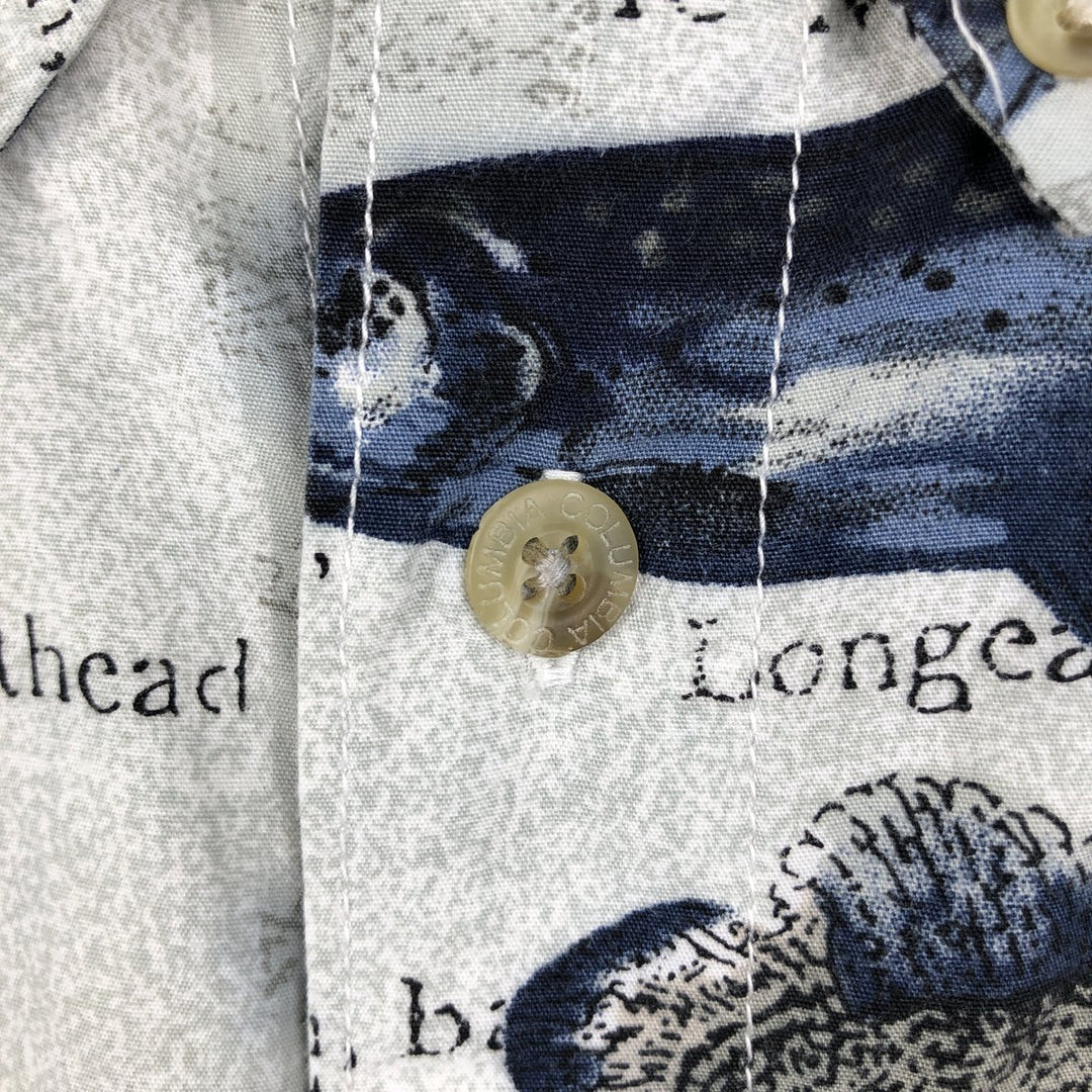 90s-00'S Columbia all-over fish print short-sleeved cotton shirt, men's size L equivalent, vintage. cotton Khaki type sage green Vintage Second Hand