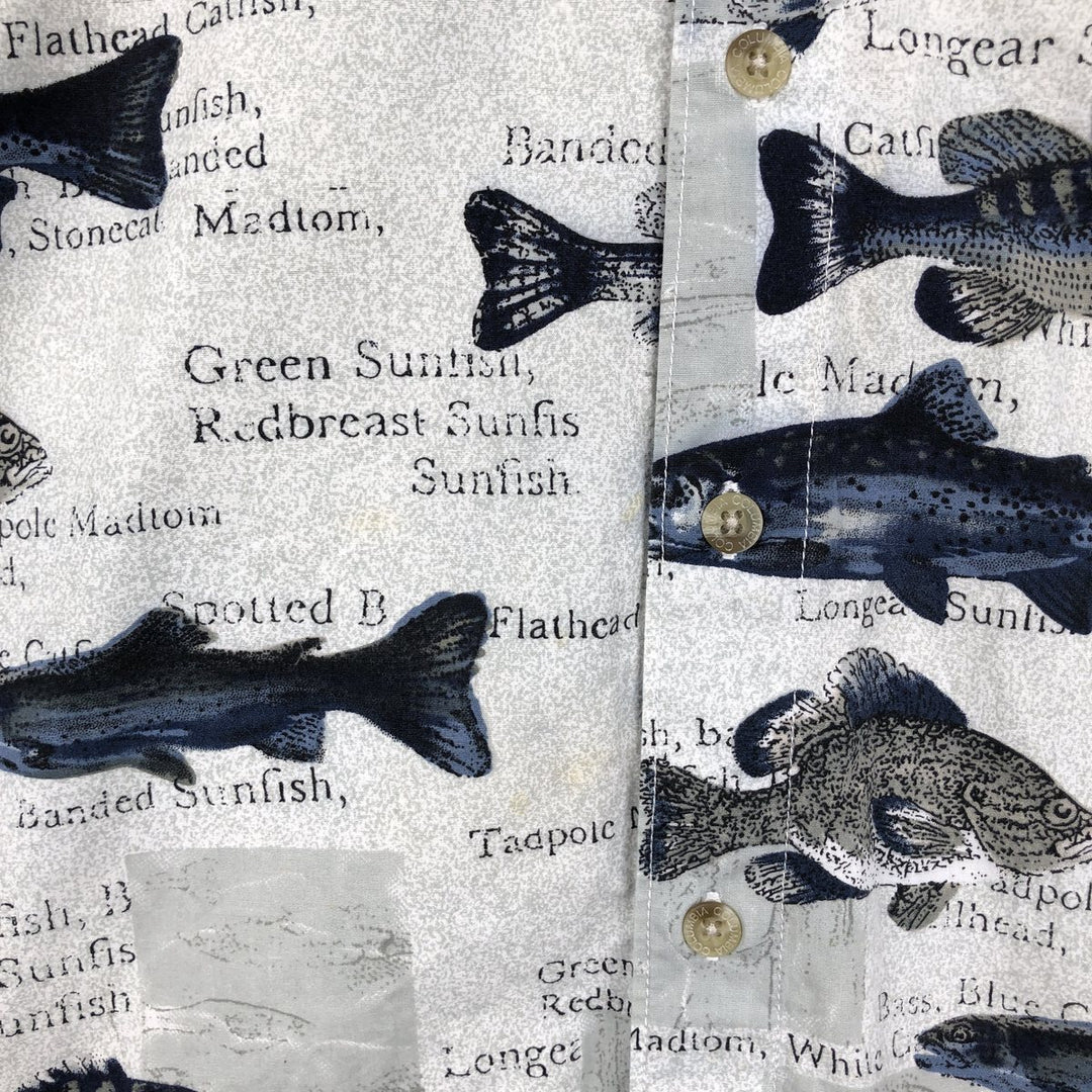 90s-00'S Columbia all-over fish print short-sleeved cotton shirt, men's size L equivalent, vintage. cotton Khaki type sage green Vintage Second Hand