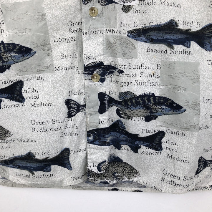 90s-00'S Columbia all-over fish print short-sleeved cotton shirt, men's size L equivalent, vintage. cotton Khaki type sage green Vintage Second Hand