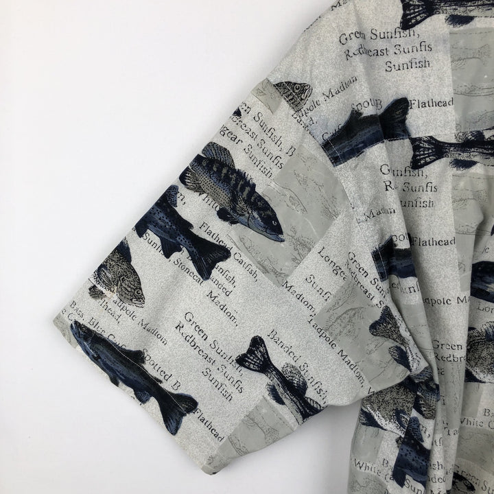 90s-00'S Columbia all-over fish print short-sleeved cotton shirt, men's size L equivalent, vintage. cotton Khaki type sage green Vintage Second Hand