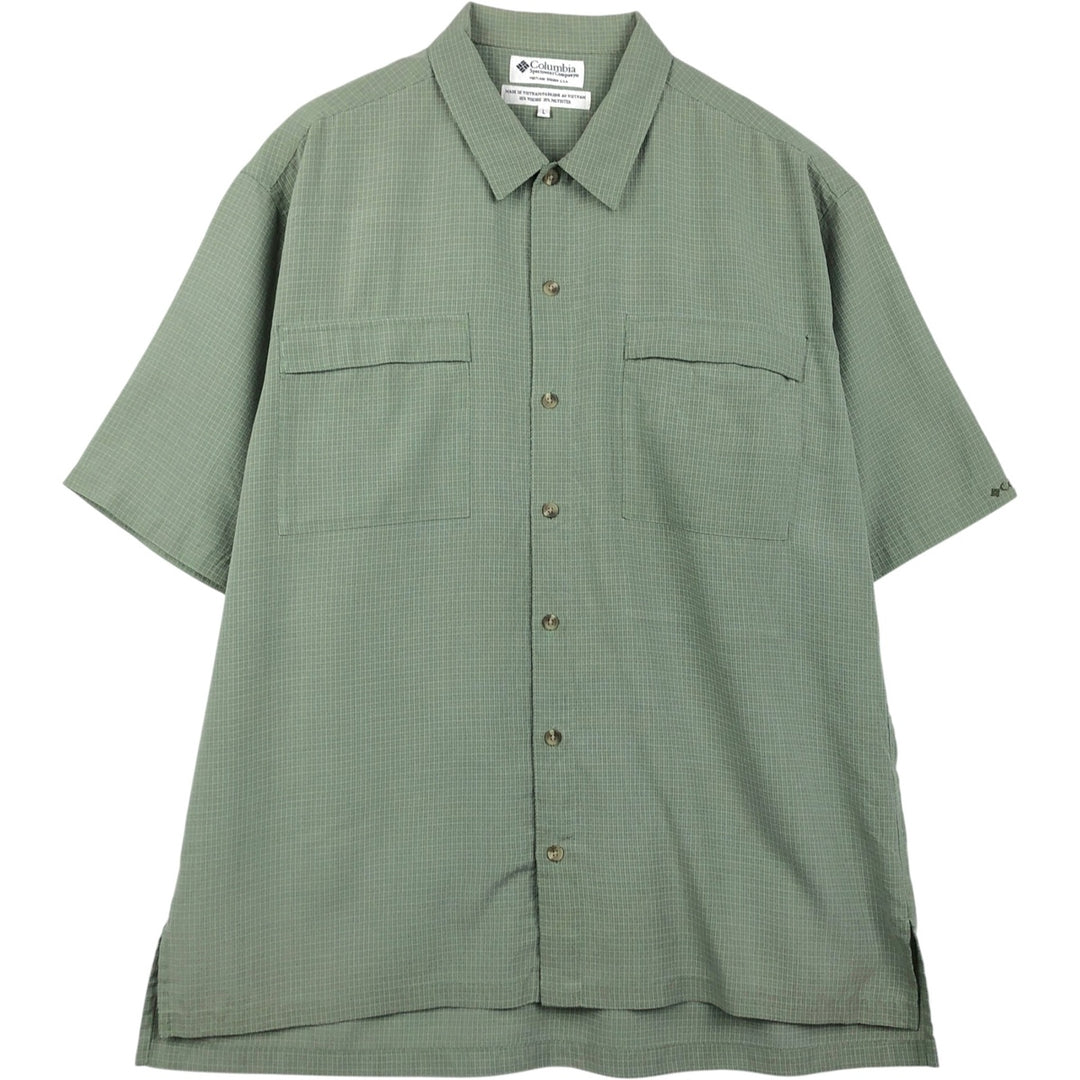 Columbia GRT all-over print short-sleeved check shirt, boxy style, men's size L. Viscose Khaki type sage green Vintage Second Hand