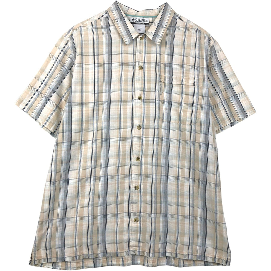 2000'S Columbia Short Sleeve Cotton Check Box Shirt, Men's Size L cotton Beige type Vintage Second Hand
