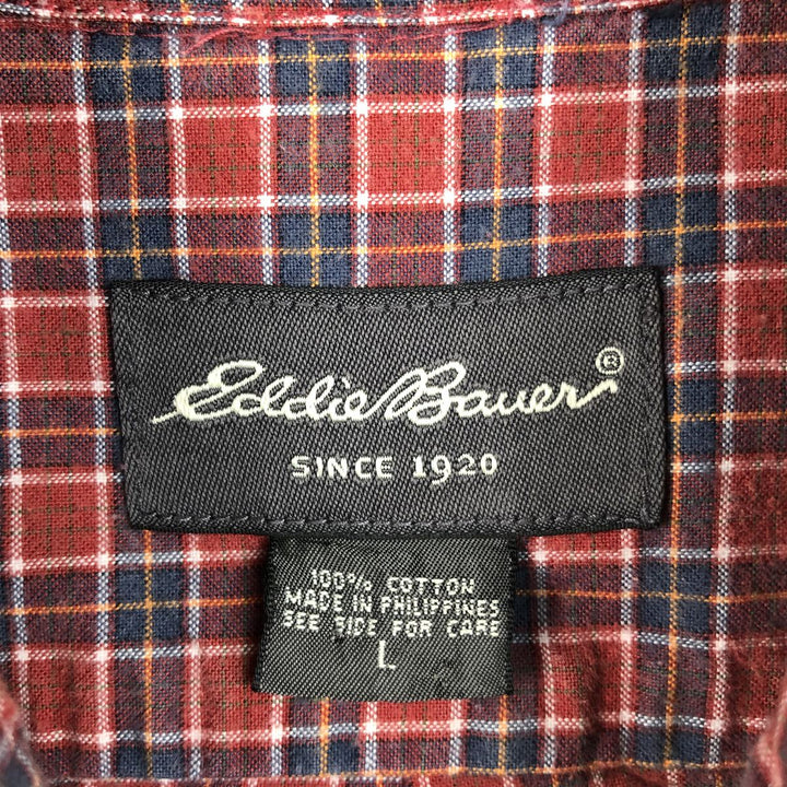 Eddie Bauer short sleeve button down check shirt, men's size L cotton red type Vintage Second Hand