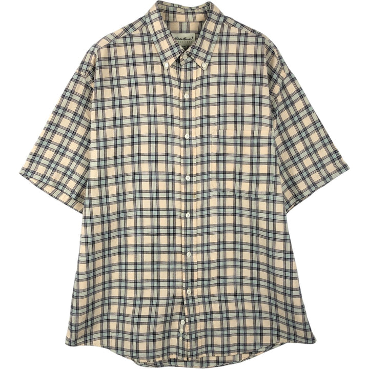 Eddie Bauer short sleeve button down check shirt, men's size L linen Beige type Vintage Second Hand