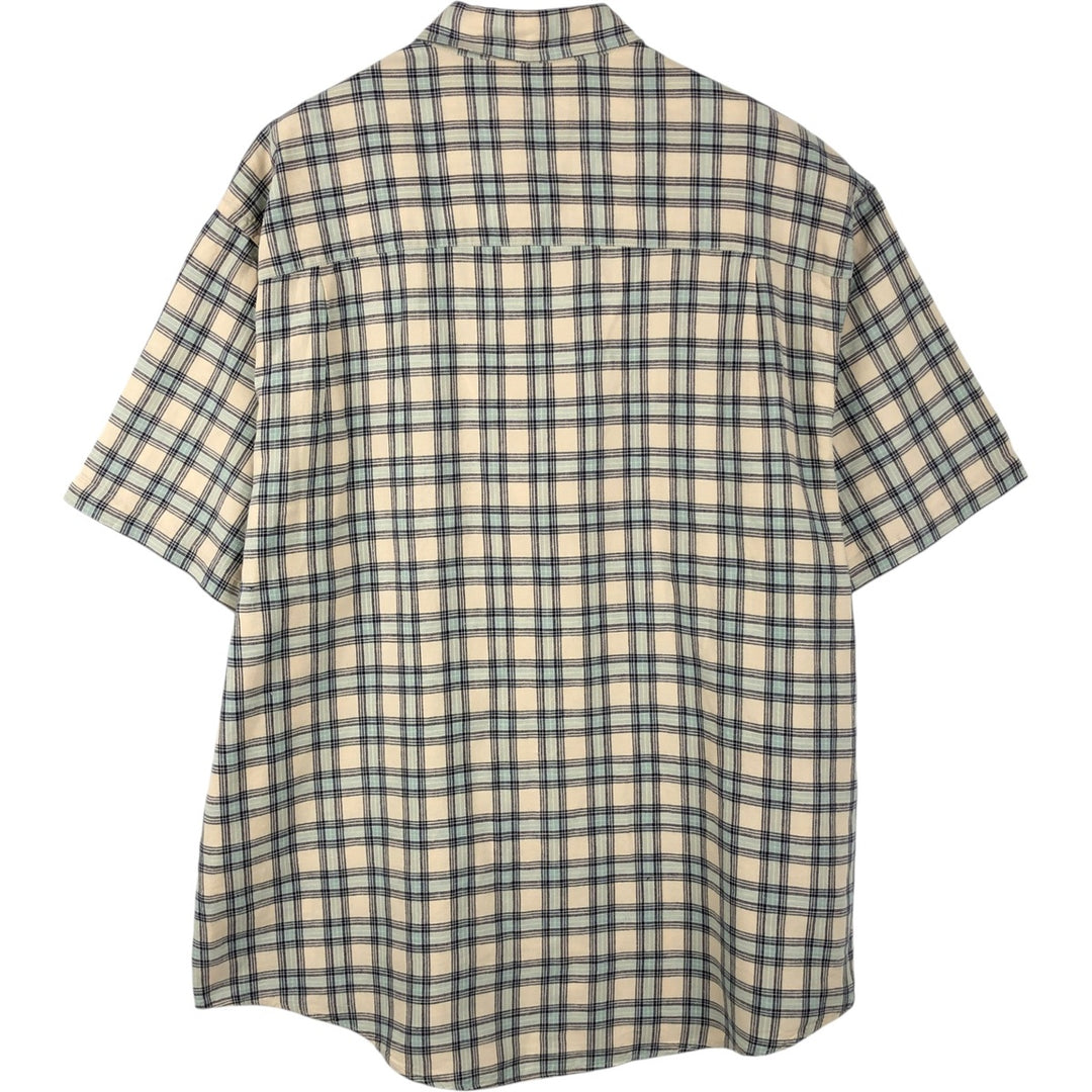 Eddie Bauer short sleeve button down check shirt, men's size L linen Beige type Vintage Second Hand