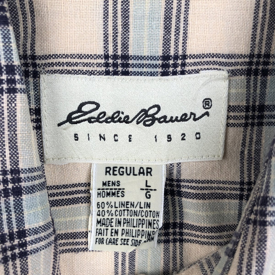 Eddie Bauer short sleeve button down check shirt, men's size L linen Beige type Vintage Second Hand