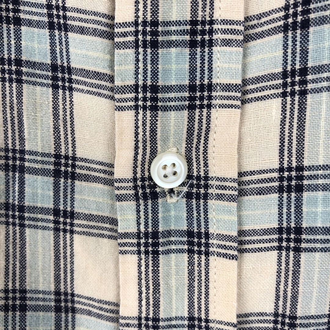 Eddie Bauer short sleeve button down check shirt, men's size L linen Beige type Vintage Second Hand