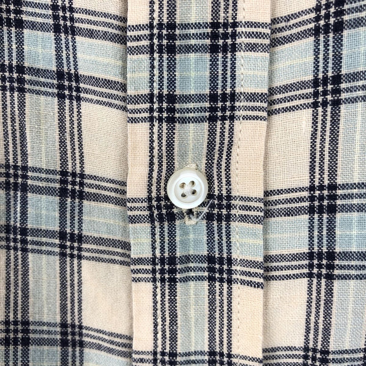 Eddie Bauer short sleeve button down check shirt, men's size L linen Beige type Vintage Second Hand