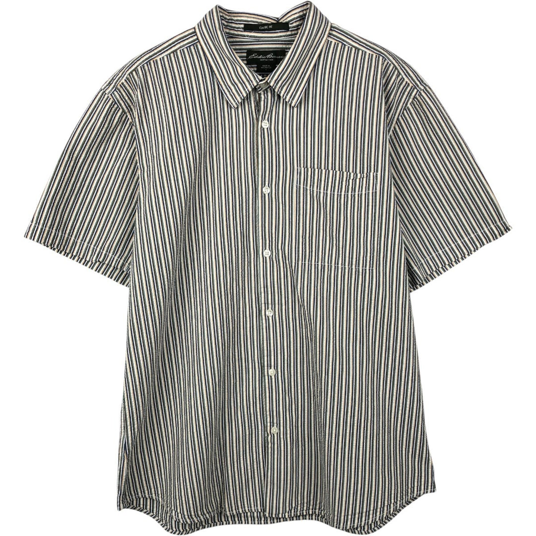 Eddie Bauer CLASSIC FIT Seersucker Short-Sleeve Cotton Striped Shirt (Men's Size L) cotton green type Vintage Second Hand
