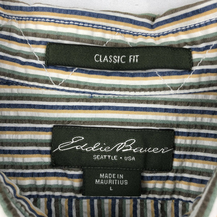 Eddie Bauer CLASSIC FIT Seersucker Short-Sleeve Cotton Striped Shirt (Men's Size L) cotton green type Vintage Second Hand