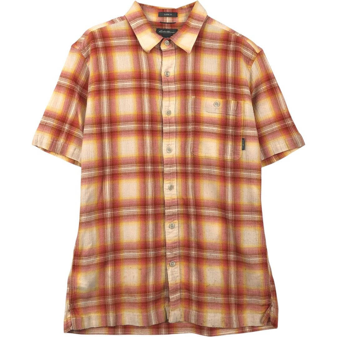 Eddie Bauer CLASSIC FIT Ombre Check Crepe Short-Sleeve Cotton Check Shirt, Boxy Shirt, Men's Size M (approx.) cotton red type Vintage Second Hand