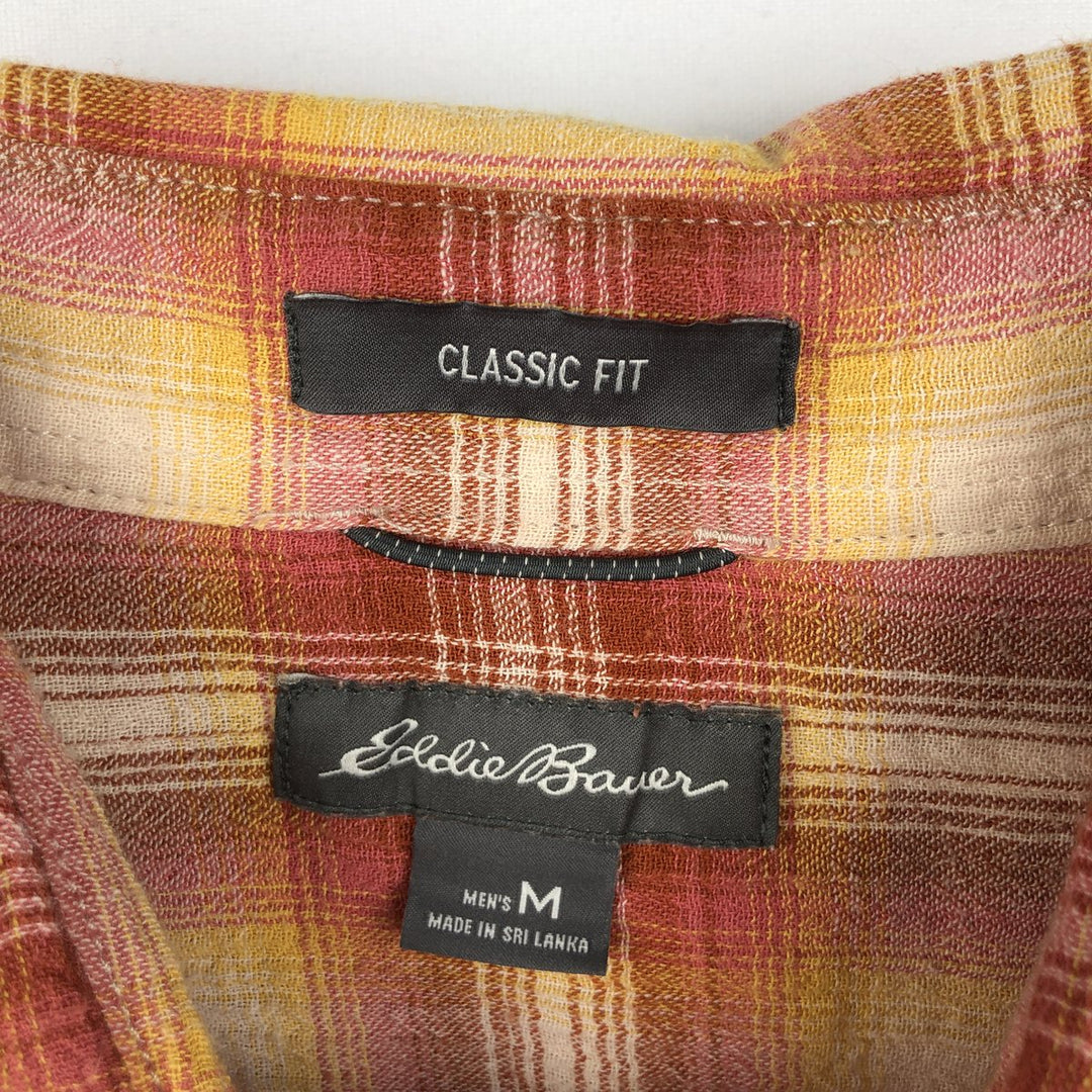 Eddie Bauer CLASSIC FIT Ombre Check Crepe Short-Sleeve Cotton Check Shirt, Boxy Shirt, Men's Size M (approx.) cotton red type Vintage Second Hand
