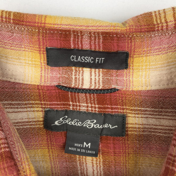 Eddie Bauer CLASSIC FIT Ombre Check Crepe Short-Sleeve Cotton Check Shirt, Boxy Shirt, Men's Size M (approx.) cotton red type Vintage Second Hand